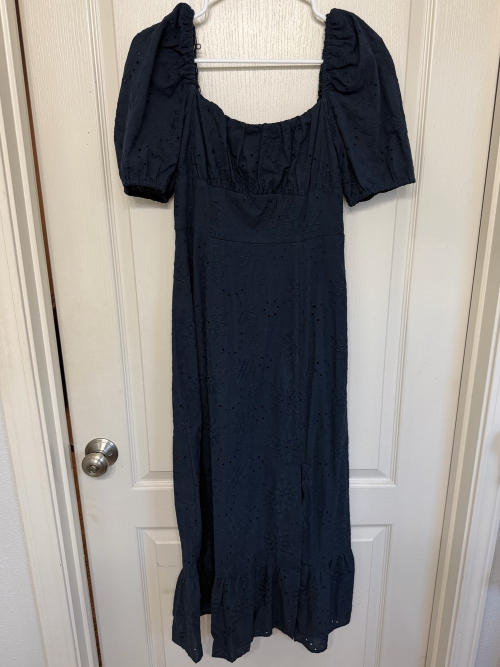 London Times Navy Puff Sleeve Maxi Dress